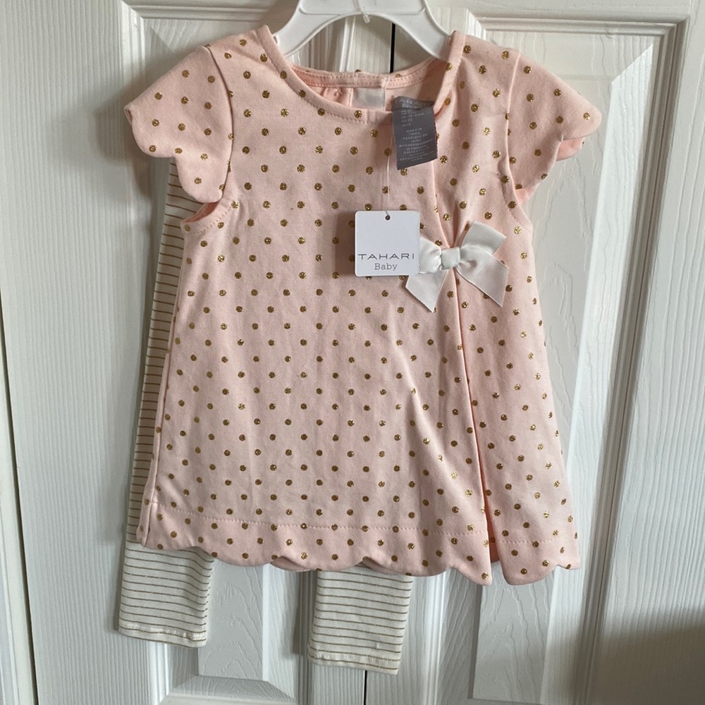 Tahari Baby Matching Set - Gold Polka Dot Pink Top with Gold Striped Leggings